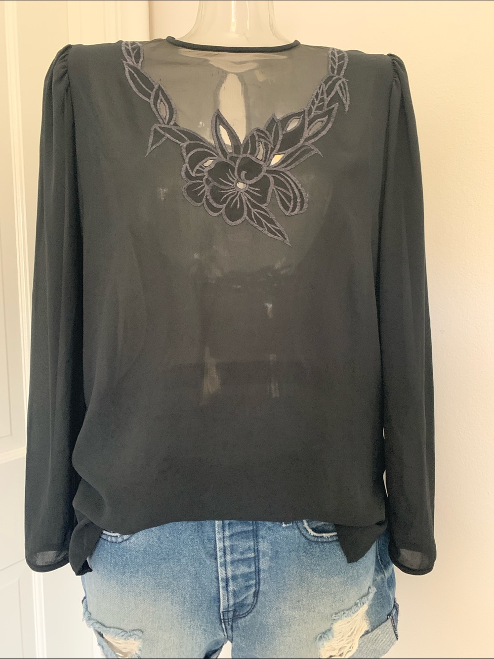 Vintage Campus Casuals Black Sheer Illusion Embroidered Blouse